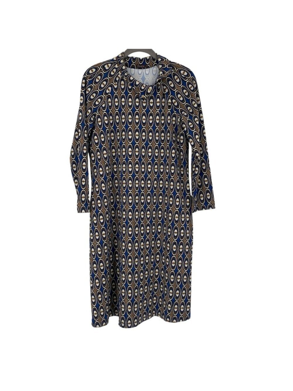 J. McLaughlin Christabel Dress M Brown Blue Circle Print 3/4 Sleeve Mod Catalina
